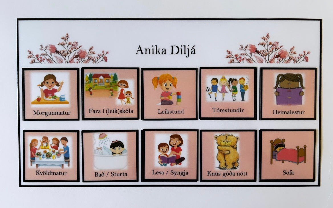 RISA sjónræni pakkinn. Dag-, Kvöld- og Morgunrútína! 45 sjónrænar myndir - Bleikt