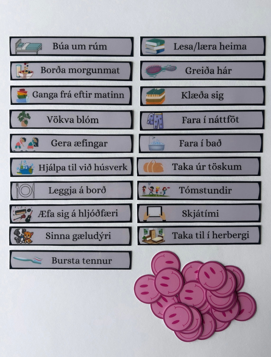 Dagsverkin með myndum - 19 verkefni - grænt/bleikt/grátt